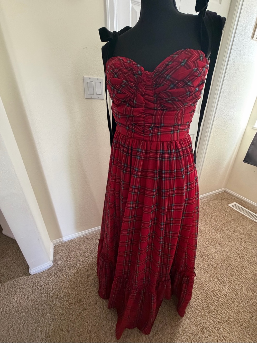 B Darlin Bustier Bodice Red Plaid Maxi Dress with Tie Straps - Picture 4 of 14